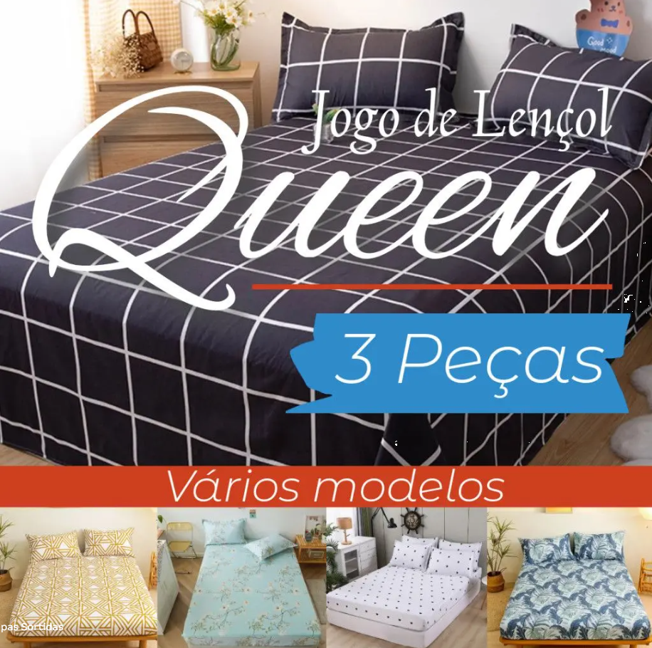 Jogo de Lençol Casal Queen Antialérgico 3 Peças Estampado - Estampas Sortidas - Bordados Sampaio